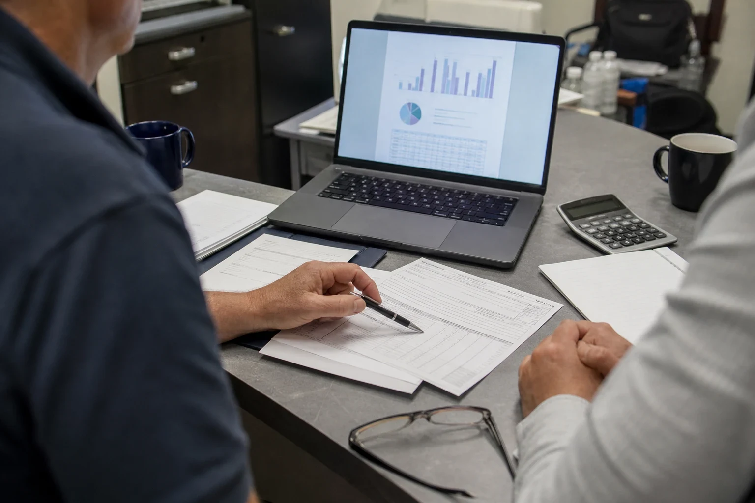 Two people at an office desk reviewing paper forms with a pen, a laptop showing bar and pie charts, a calculator, coffee mugs and reading glasses nearby.