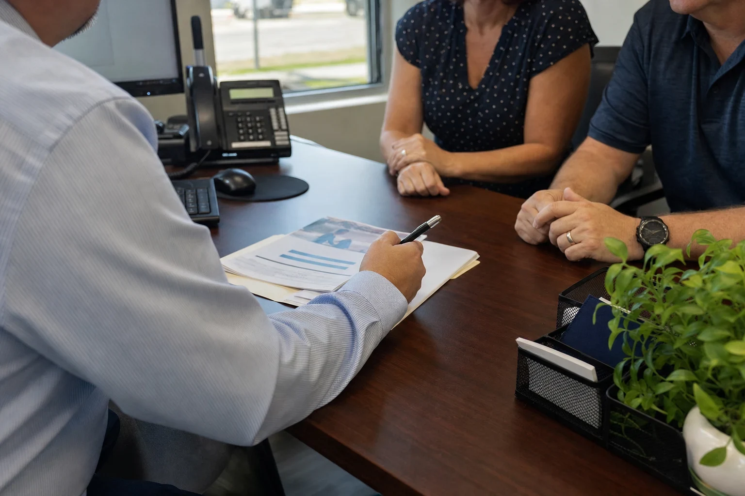 Agent in a striped shirt points a pen at a policy summary on a wooden desk while a couple sits across from him in a small office with a window