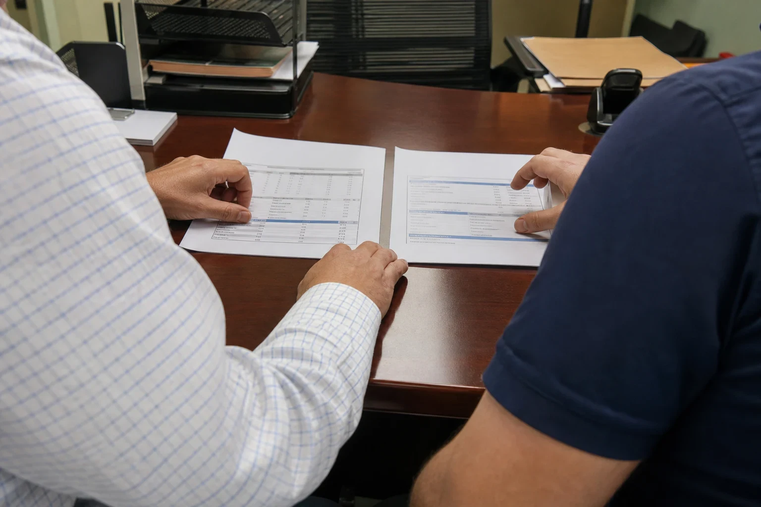 Two men at a wooden office desk comparing two printed documents with tables laid side by side, a wire letter tray, folders and a stapler in the background